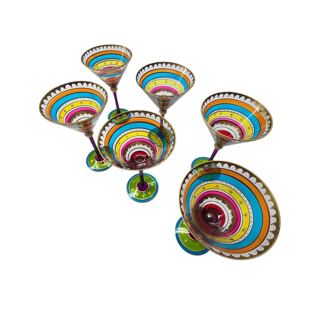 Pier 1 Festive Hand Painted Colorful Stripe Martini Glasses Set of 6 EUC FIesta